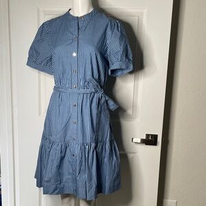 Draper James RSVP Button-Down Striped Short Sleeve Ruffle Belted Midi Dress